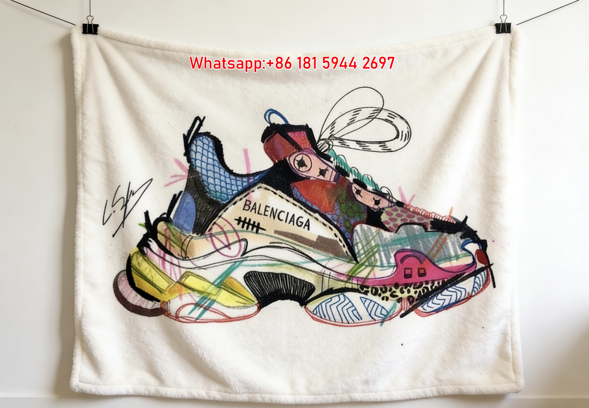 Balenciaga Colorful Triple S Sneaker Art Flannel Throw Blanket for Sofa Wall Decor BA126